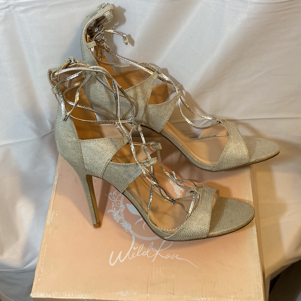 SILVER HEELS  OPEN TOE WITH ANKLE TIES AND ZIPPERED BACK NEW IN THE BOX  SIZE 11